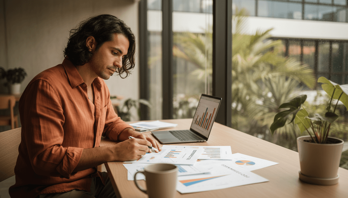 Empresario revisando documentos de estrategia empresarial en escritorio moderno