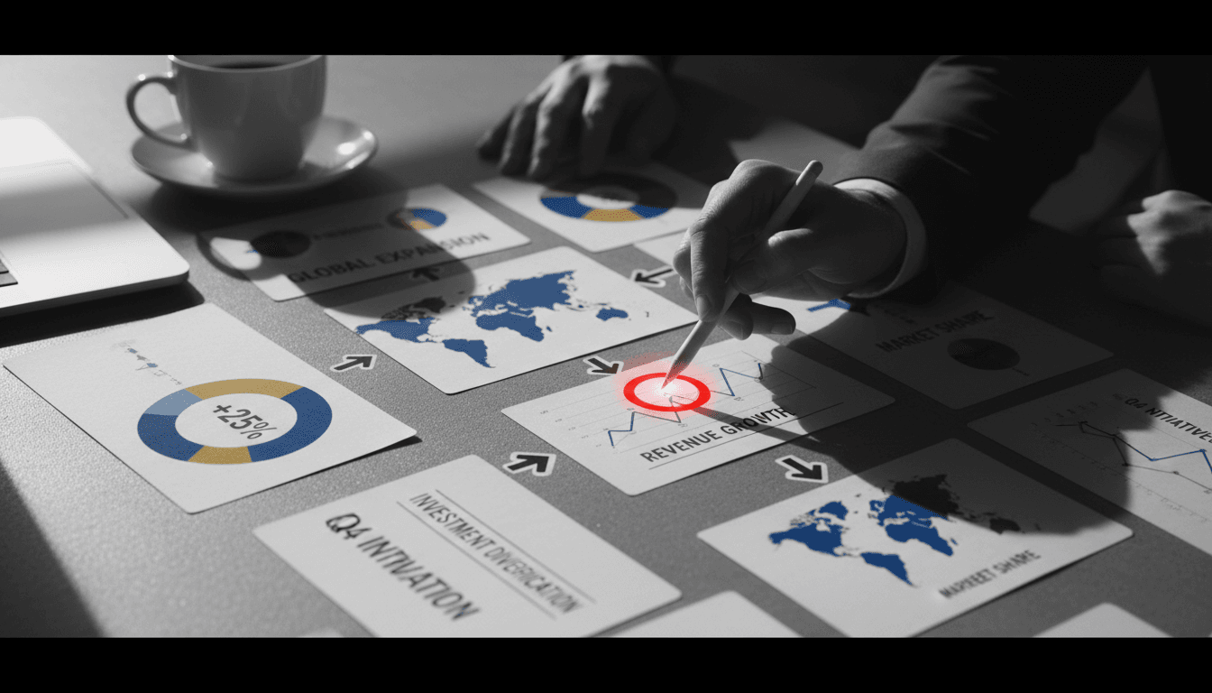 Detalle de tarjetas de estrategia y métricas de crecimiento empresarial