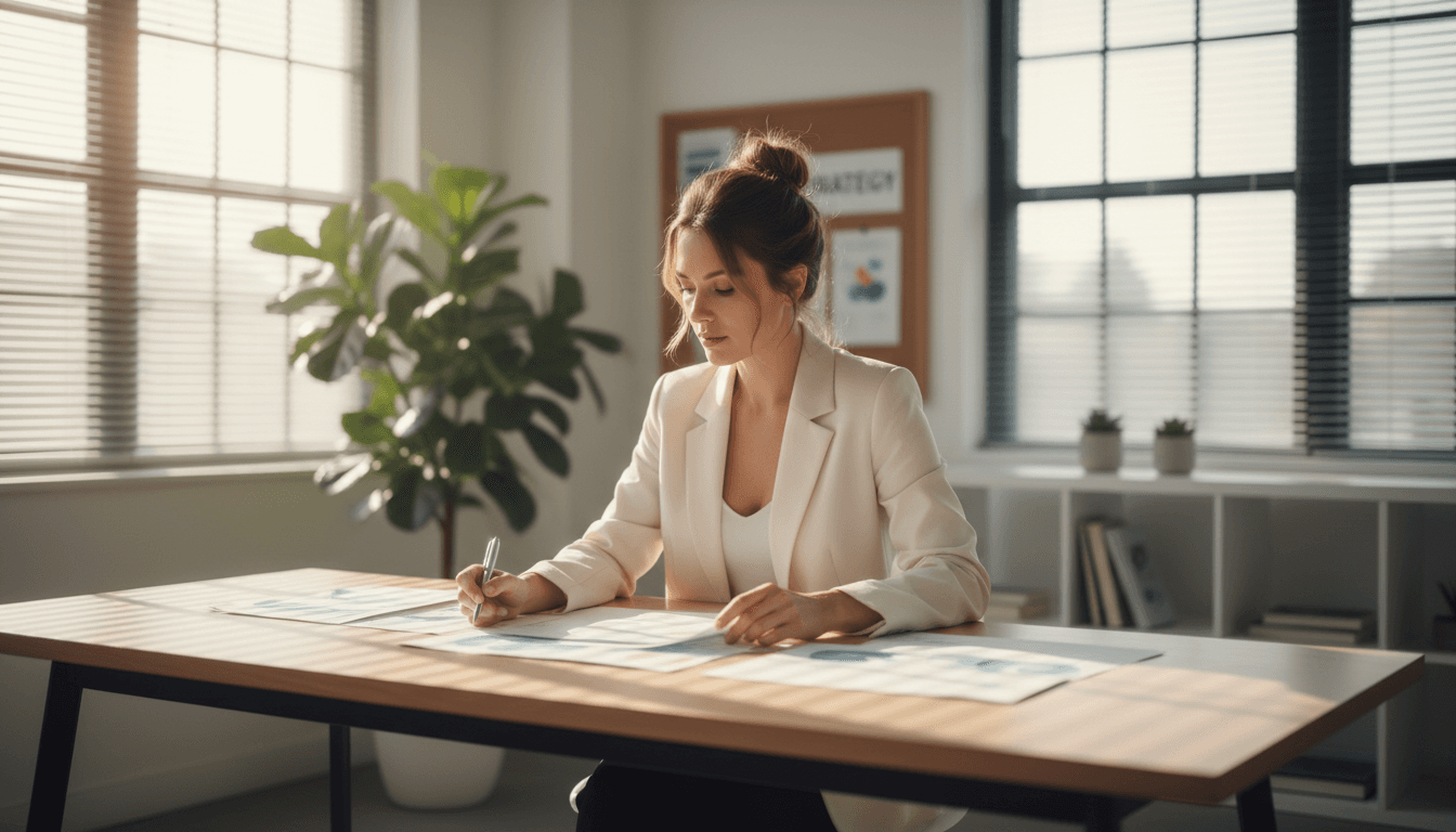 Empresario profesional trabajando en estrategia de negocios en una oficina moderna con luz natural