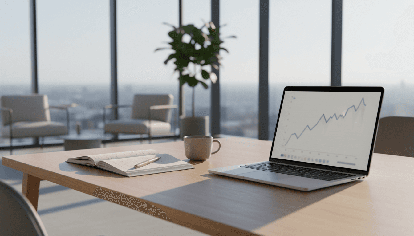 Espacio de trabajo profesional moderno con laptop y materiales de consultoría