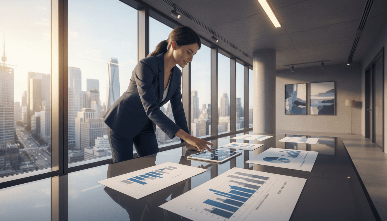 Consultor profesional de KH CONSULTING revisando estrategia empresarial con documentos de crecimiento