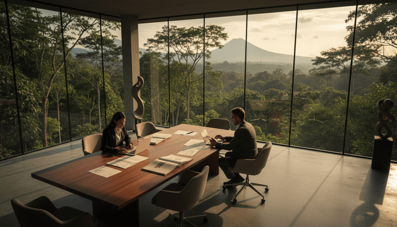 Consultores profesionales revisando estrategia empresarial en una sala de conferencias moderna con vistas al paisaje costarricense